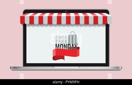 Cyber Monday oder schwarzer Freitag und Online Store shopping Konzept Laptop Bildschirm mit gestreiften Markise. Vector Illustration. Stock Vektor