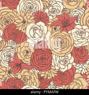 Vektor nahtlose Muster mit Rose, Lilie, Pfingstrose und Chrysantheme Blumen der roten, gelben und weißen Farben. Hand floral background Wiederholen von bloss gezeichnet Stock Vektor