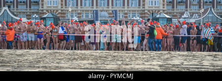 SCHEVENINGEN, 1. Januar 2018 - Niederländische Menschen folgen die starke Tradition der ersten neuen Jahr Tauchen steht hinter der Startlinie zu laufen bereit Towa Stockfoto