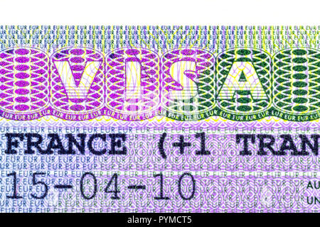 Nahaufnahme von einem Schengen Visum erlaubt dem Inhaber des Passes innerhalb des Schengener Vertrags Hoheitsgebiet zu reisen Stockfoto