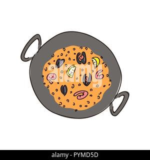 Von oben paella Schüssel in einen Topf mit Reis und Gemüse mit Meeresfrüchten. Platz kopieren. Vector Illustration Stock Vektor