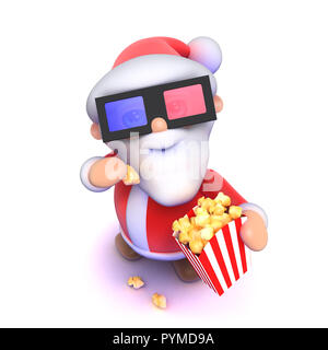 3D-Render von einem Cartoon Santa essen Popcorn an 3D-Film Stockfoto