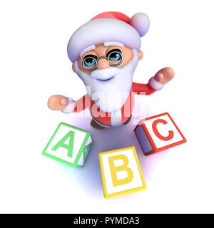 3D-Render eines lustigen Cartoon Santa Claus mit Alphabet Blöcke Stockfoto