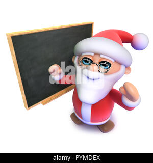 3D-Render eines lustigen Cartoon Weihnachten Santa Claus vor einer Tafel Stockfoto