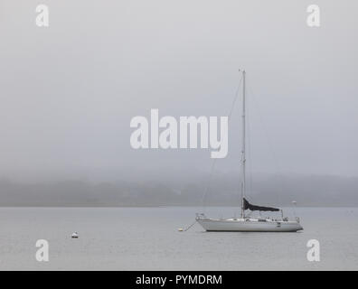Single segeln Boot auf einen Liegeplatz an einem nebligen Tag in Montauk Stockfoto