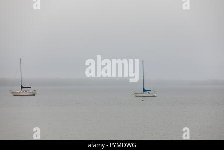 Segelboote auf Liegeplätze an einem nebligen Tag in Montauk, New York Stockfoto