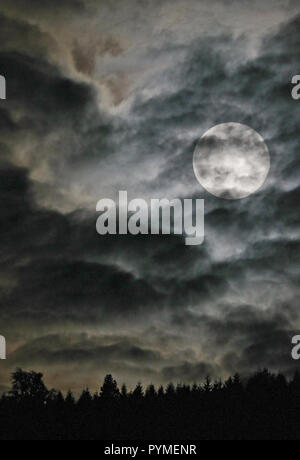 Vollmond scheint durch Wolke bedeckte Himmel über einem Wald, Heidelberg, Deutschland Stockfoto