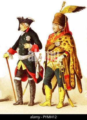 Die Zahlen vertreten sind hier alle Deutschen in 1700s und sind von links nach rechts: Ein Offizier der Dragoner, General von cuirrasiers, Friedrich II., General Ziethen, Offizier der Infanterie ließ. Die Abbildung stammt aus dem Jahre 1882. Stockfoto