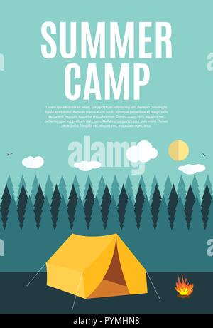 Sommer Camping Natur Hintergrund im modernen Stil mit Mustertext Stock Vektor