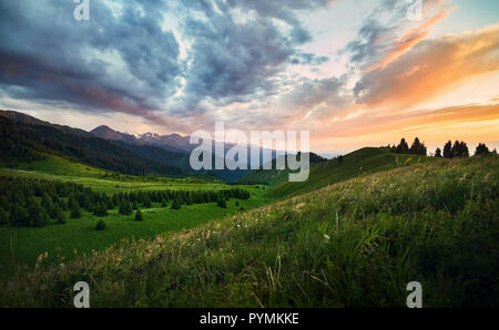 Wunderschöne Landschaft mit grünen Wald Tal und die Berge von Epic orange Sonnenuntergang in Kasachstan und Zentralasien Stockfoto