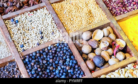 Sammlung bunte Mosaik Gewürze Sortiment im Holzkasten Veranstalter. Essen kochen Zutaten aus aller Welt indische asiatische zum Kochen Ori Stockfoto