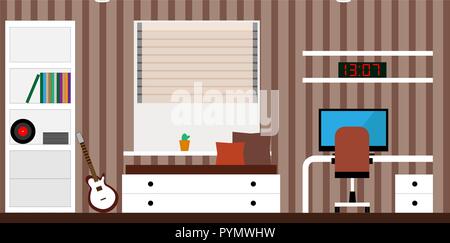Zimmer mit einem Bett, ein Schreibtisch, eine Gitarre. Vector Illustration Stock Vektor