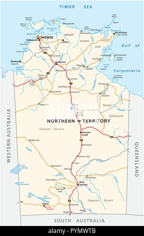 Vektor Straßenkarte des Northern Territory, Australien. Stock Vektor