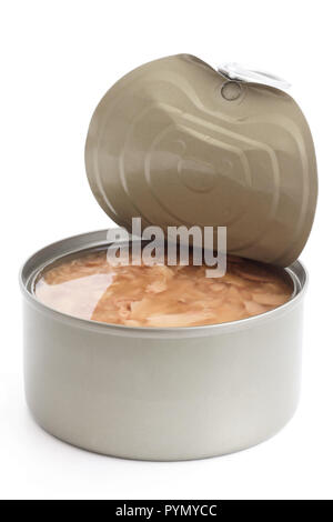 Öffnen können mit Deckel teilweise befestigt. Thunfisch in Salzlake. Stockfoto