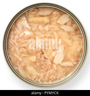 Öffnen von Thunfisch in Salzlake. Von oben gesehen. Stockfoto