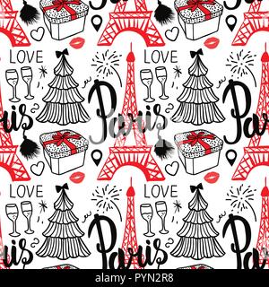 Schriftzug Paris und den Eiffelturm. Nahtlose Muster Frohe Weihnachten und guten Rutsch ins neue Jahr mode Skizze Geschenkbox, Baum und Feuerwerk. Hand gezeichnet Vector Illustration auf weißem Hintergrund. Stock Vektor