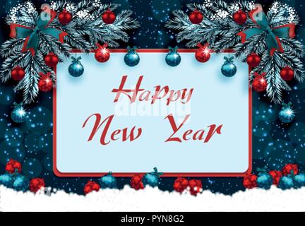 Frohes neues Jahr. Grußkarte mit Dekorationen auf den blauen Weihnachtsbaum und Schnee. Ecke Zeichnung. Abbildung Stock Vektor