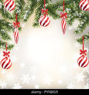 Neues Jahr Weihnachten. Grußkarte mit gestreiften Kugeln und Kerzen. Grüne Zweige der Tannen im Schnee. Abbildung Stock Vektor
