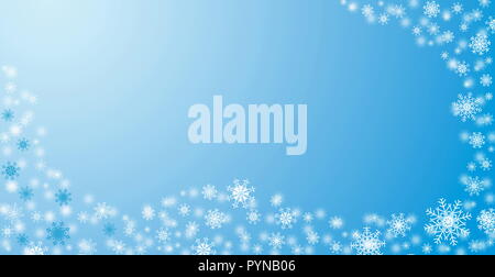 Weiße Schneeflocken Weihnachten Winter Ornament auf blauem Hintergrund mit leeren Platz für Ihren Text. Stockfoto