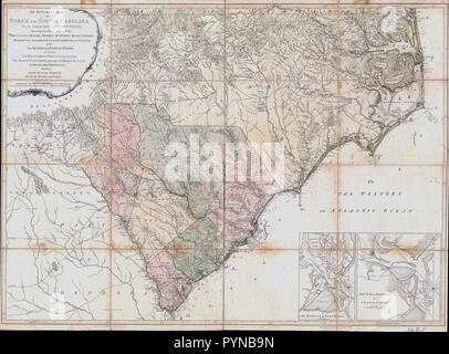 Vintage Karten/Antique Maps - eine genaue Karte von North und South Carolina mit ihren indischen Grenzen, in unterschiedlicher Art und Weise alle Berge, Flüsse, Sümpfe, Moore, Buchten, Buchten, Häfen, Sandbänke und Sondierungen an den Küsten; mit den Straßen und indischen Pfade Stockfoto