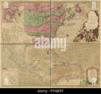 Vintage Karten/Antique Maps - eine genaue Karte von Nordamerika. Die Beschreibung und Unterscheidung der britischen, spanischen und französischen Herrschaften auf diesen großen Kontinent; die heutigen Sitz des Krieges, und der Französischen Übergriffen. Auch alle West Indien gehörenden Inseln, und besaß durch die verschiedenen europäischen Fürsten und Staaten. Die ganze festgelegt nach den neuesten und die meisten authentick Verbesserungen Stockfoto