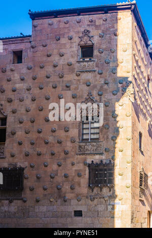 Die Casa de las Conchas ist ein historisches Gebäude in Salamanca. Die Besonderheit ist die Fassade, das Mischen von spätgotischen und plateresken Stil, Deco Stockfoto