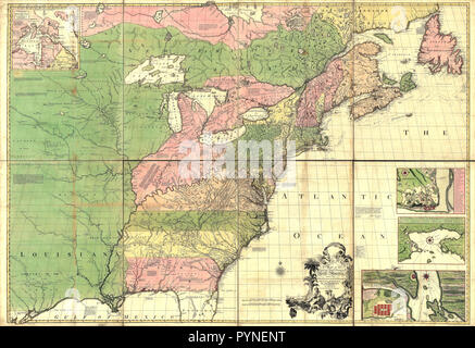 Vintage Karten/Antique Maps - eine Karte der britischen und französischen Besitzungen in Nordamerika, mit der Straße, Entfernungen, Grenzen und Umfang der Siedlungen Stockfoto