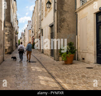 Orleans, Frankreich - 11 August, 2018: die kleine Gasse, die mit Touristen - Mann, Frau und Hund - und mit alten hohen Häuser mit nostalgischen Lampen und Pflanzen in Orlean Stockfoto