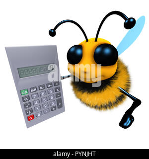 3D-Render eines lustigen Cartoon honey bee Charakter mit einem Taschenrechner Stockfoto