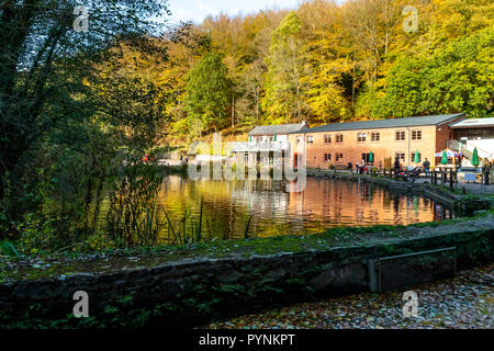 Mühle und Mühlenteich. Kürbisfest, Dekan Heritage Center, Wald von Dean. Stockfoto