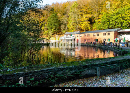 Mühle und Mühlenteich. Kürbisfest, Dekan Heritage Center, Wald von Dean. Stockfoto