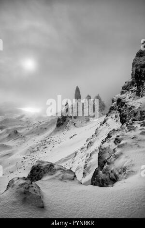 Der alte Mann von Storr im Winter, Isle of Skye, Schottland Stockfoto