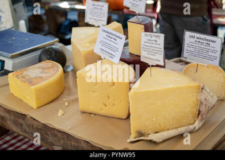 Käsespezialitäten in Deddington Farmers Market Stall. Deddington, Oxfordshire, England Stockfoto