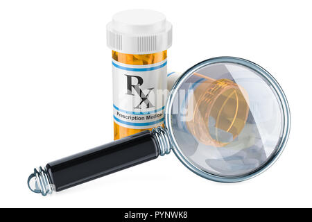 Lupe mit Pillen, die Analyse von Drogen Konzept. 3D-Rendering auf weißem Hintergrund Stockfoto