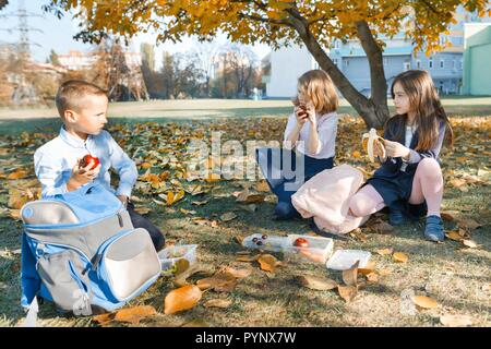 Herbst Porträt der Kinder mit Mittagessen Boxen, Schultaschen. Fröhliche Schulkinder Essen Sie Obst sitzen unter einem Herbst Baum, lachen, reden. Gesund Stockfoto