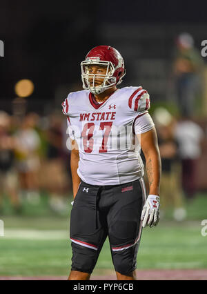 Oktober 27, 2018 San Marcos, TX... New Mexico State tight end, Bryce Roberts, (87), während der NCAA Football Spiel zwischen dem Texas State University Bobcats und die New Mexico State Aggies, in San Marcos, Texas. (Absolut komplette Fotograf & Company Credit: Joseph Calomeni/MarinMedia.org/Cal Sport Media) Stockfoto