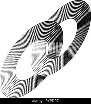 Schwarz konzentrische Linien mit unterschiedlicher Dicke, die zwei Ringe geschnitten macht. Abstrakte halftone geometrische Formen. Geeignet für Logo, Produkt Bh Stock Vektor