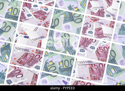 Eine Collage aus vielen Bildern von Hunderte von Dollar und Euro Rechnungen in einem Haufen Lügen Stockfoto