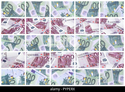 Eine Collage aus vielen Bildern von Hunderte von Dollar und Euro Rechnungen in einem Haufen Lügen Stockfoto