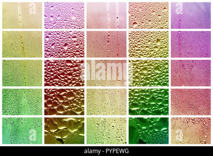 Eine Collage aus vielen verschiedenen Fragmenten aus Glas, mit regen Tropfen aus dem Kondensat eingerichtet. Regenbogen Farben Stockfoto