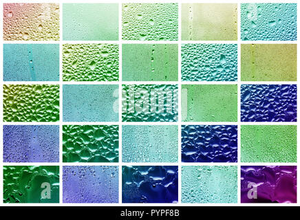 Eine Collage aus vielen verschiedenen Fragmenten aus Glas, mit regen Tropfen aus dem Kondensat eingerichtet. Regenbogen Farben Stockfoto