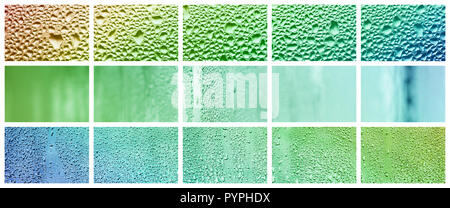 Eine Collage aus vielen verschiedenen Fragmenten aus Glas, mit regen Tropfen aus dem Kondensat eingerichtet. Regenbogen Farben Stockfoto