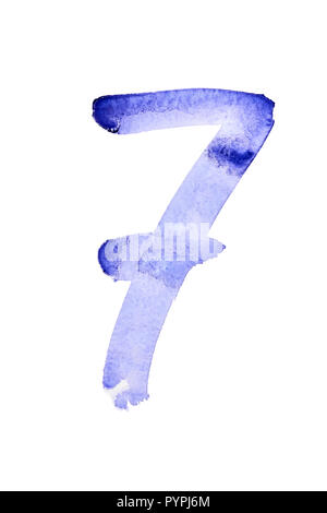 7-Hand blau Aquarell zahlen lackiert Stockfoto