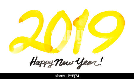 Frohes Neues Jahr 2019 - Hand gezeichnet Gelb Stockfoto
