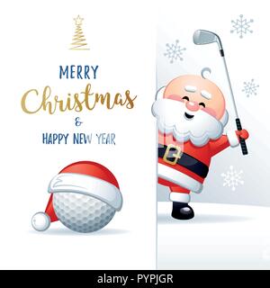 Frohe Weihnachten und guten Rutsch ins neue Jahr. Sport Grußkarte. Cute Santa Claus mit Golfball und Golf Eisen. Vector Illustration. Stock Vektor