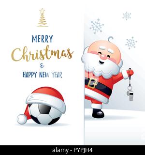 Frohe Weihnachten und guten Rutsch ins neue Jahr. Sport Grußkarte. Cute Santa Claus mit Fußball und Pfeifen. Vector Illustration. Stock Vektor