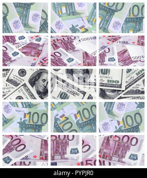 Eine Collage aus vielen Bildern von Euro-banknoten in Stückelungen von 100 und 500 Euro im Heap liegen Stockfoto