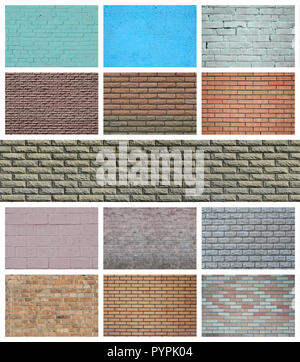 Eine Collage von vielen Bildern mit Fragmenten von Mauerwerk in verschiedenen Farben. Bilder mit Sorten von Mauerwerk Stockfoto