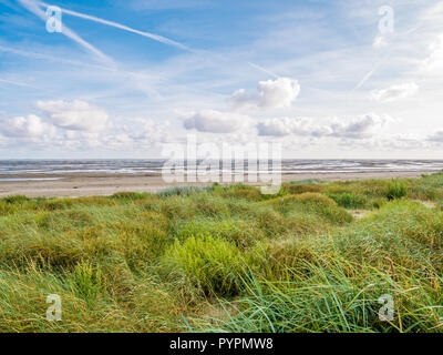 Küstenlandschaft mit Dünen, Strand und Boot heraus auf Wattenmeer bei Ebbe von Wattenmeer, boschplaat Terschelling, Niederlande, getrocknet Stockfoto