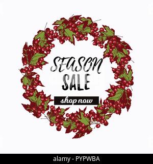 Saison verkauf Banner Design. Vektor herbst Kranz mit viburnum Beeren und Blätter auf weißem Hintergrund Stock Vektor